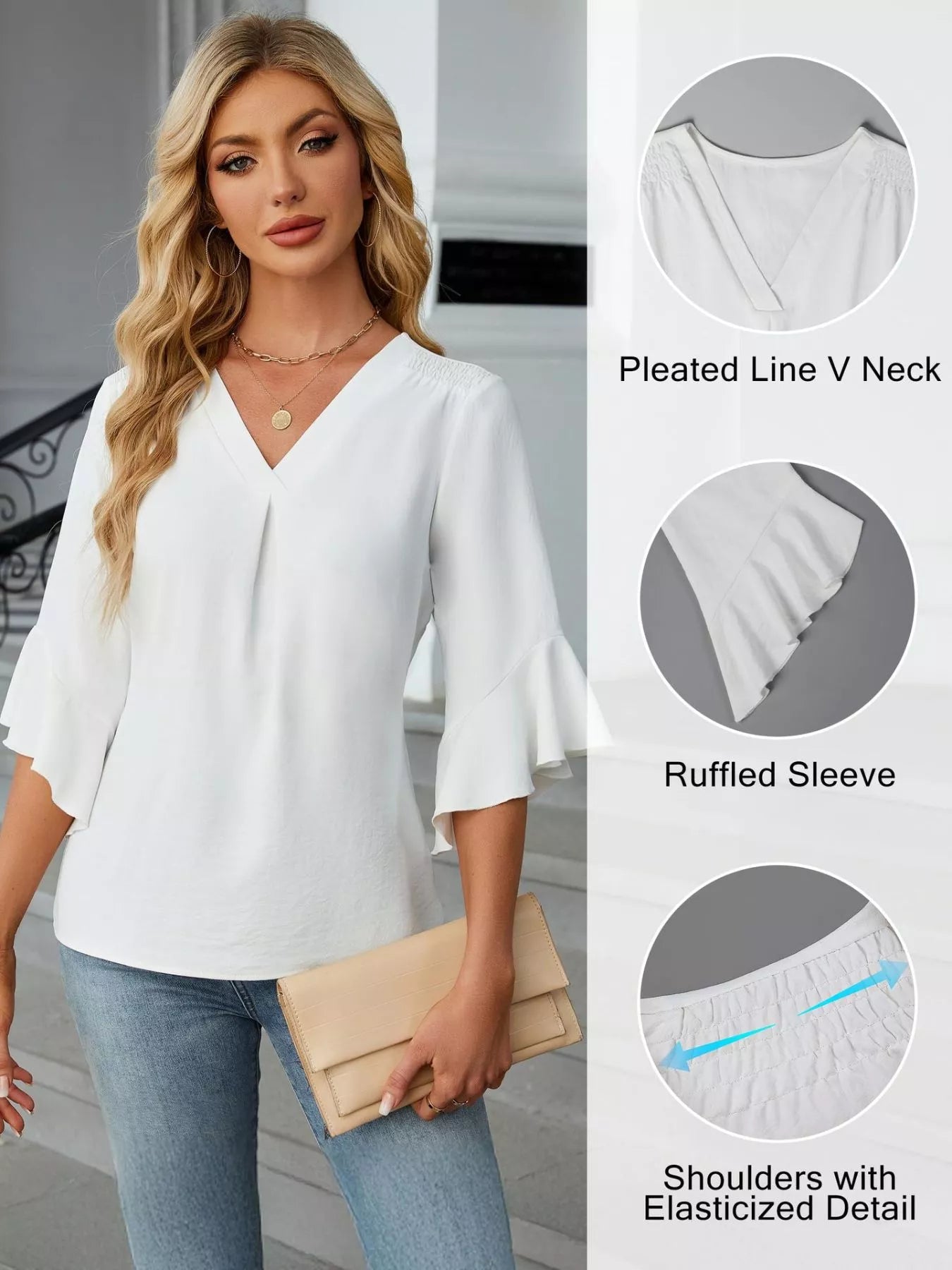 V-Neck Ruffle Sleeve Blouse by Trendsi, white top with pleated V-neck and elasticized shoulder detail