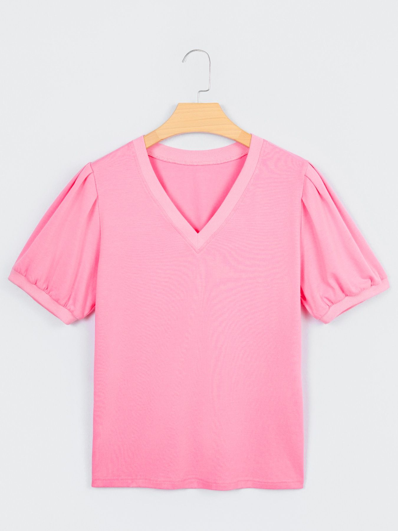 Trendsi pink solid color V-neck short puff-sleeve blouse