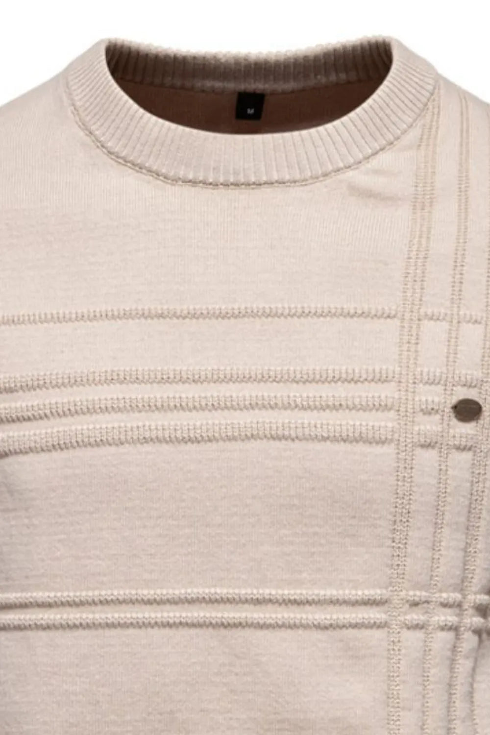 Light gray men’s round-neck striped knit sweater with ribbed cuffs and hem