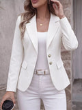 White lapel-collar long-sleeve blazer jacket with gold-tone button front and pockets