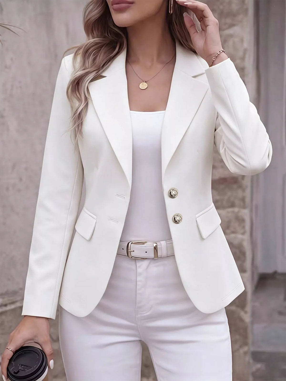 White lapel-collar long-sleeve blazer jacket with gold-tone button front and pockets