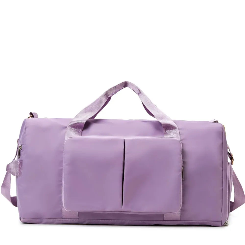 Large travel duffel bag with front zip pocket, lavender purple body and shoulder straps