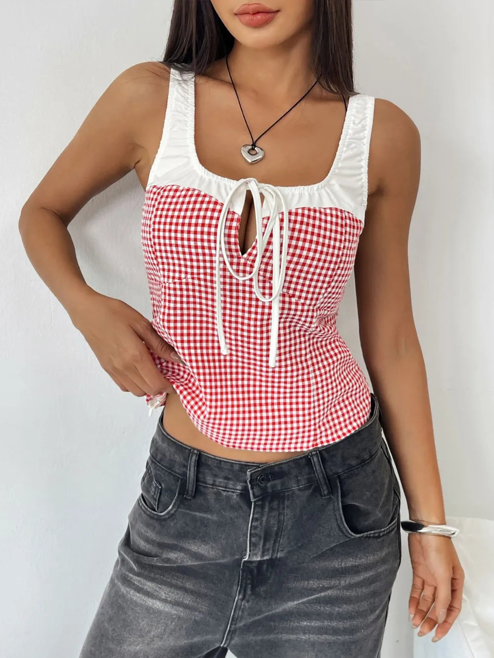 Deep red and white gingham square-neck tank with white contrast trim and string tie
