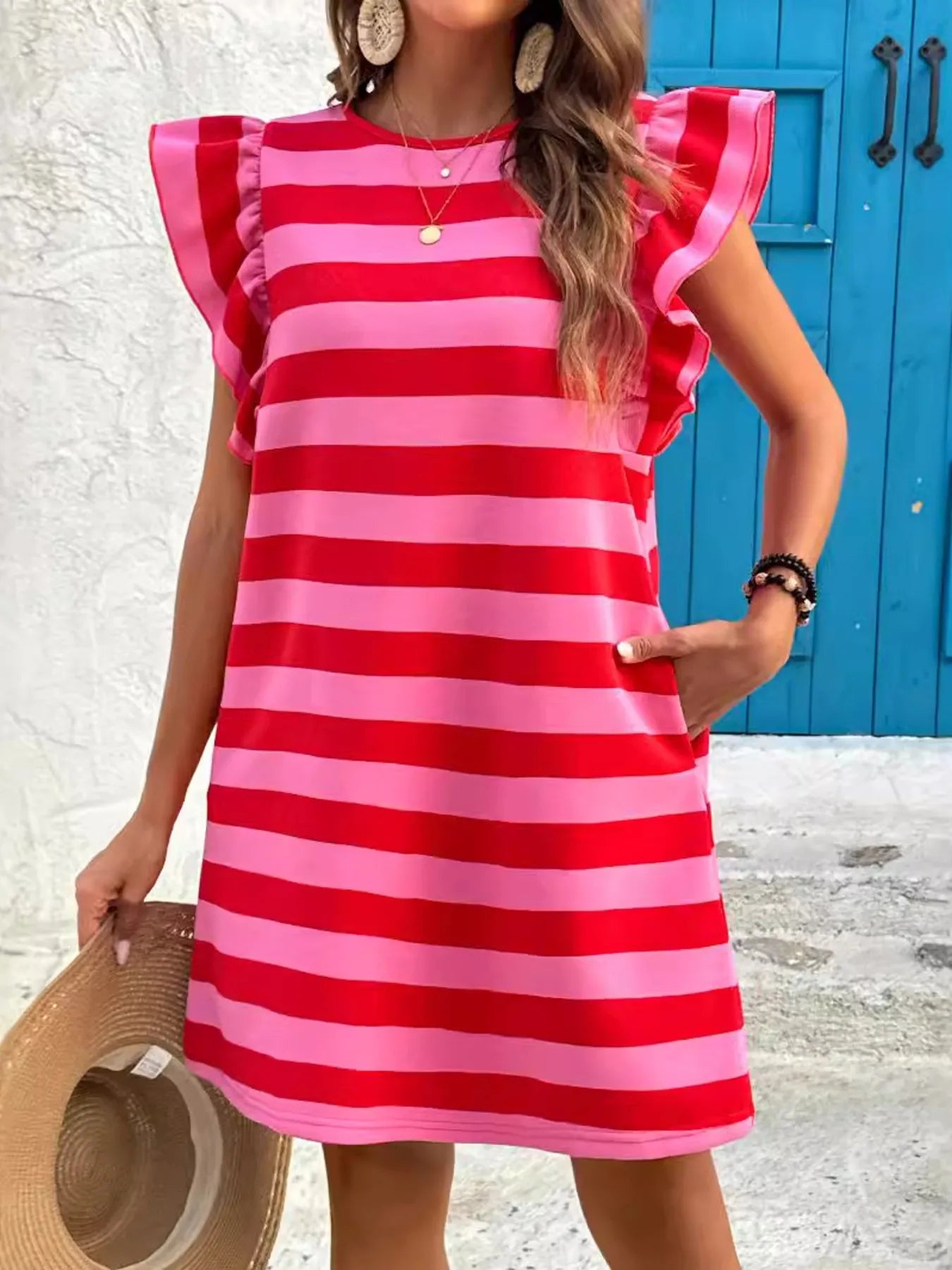 Striped ruffle-sleeve casual summer dress in pink and red with pockets