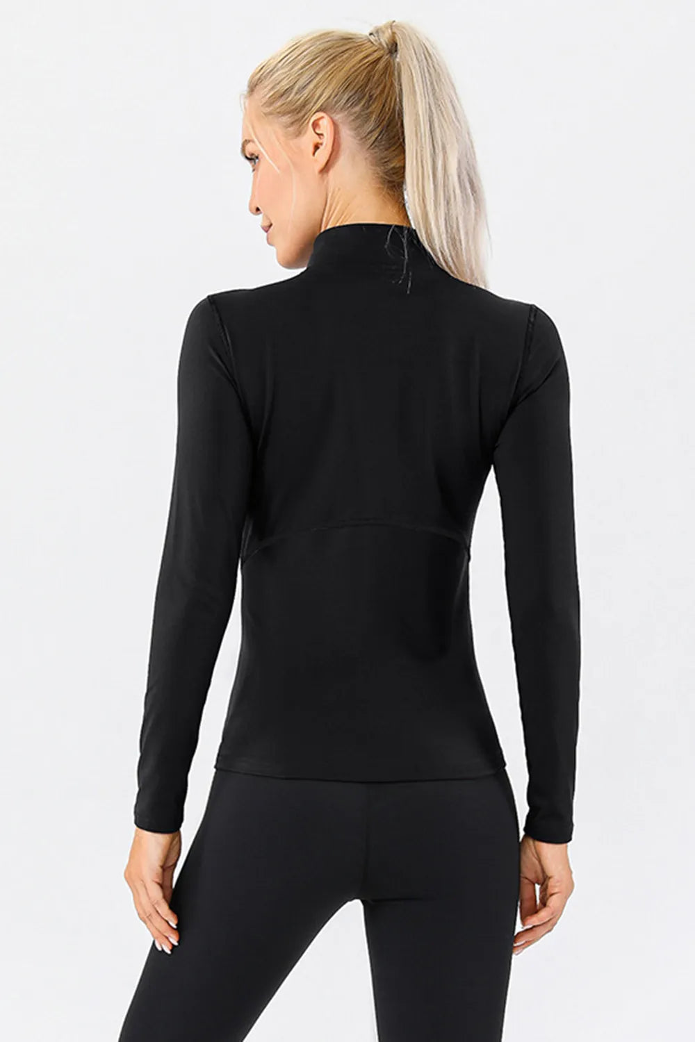 Mock neck active t-shirt in black, long sleeves, back view