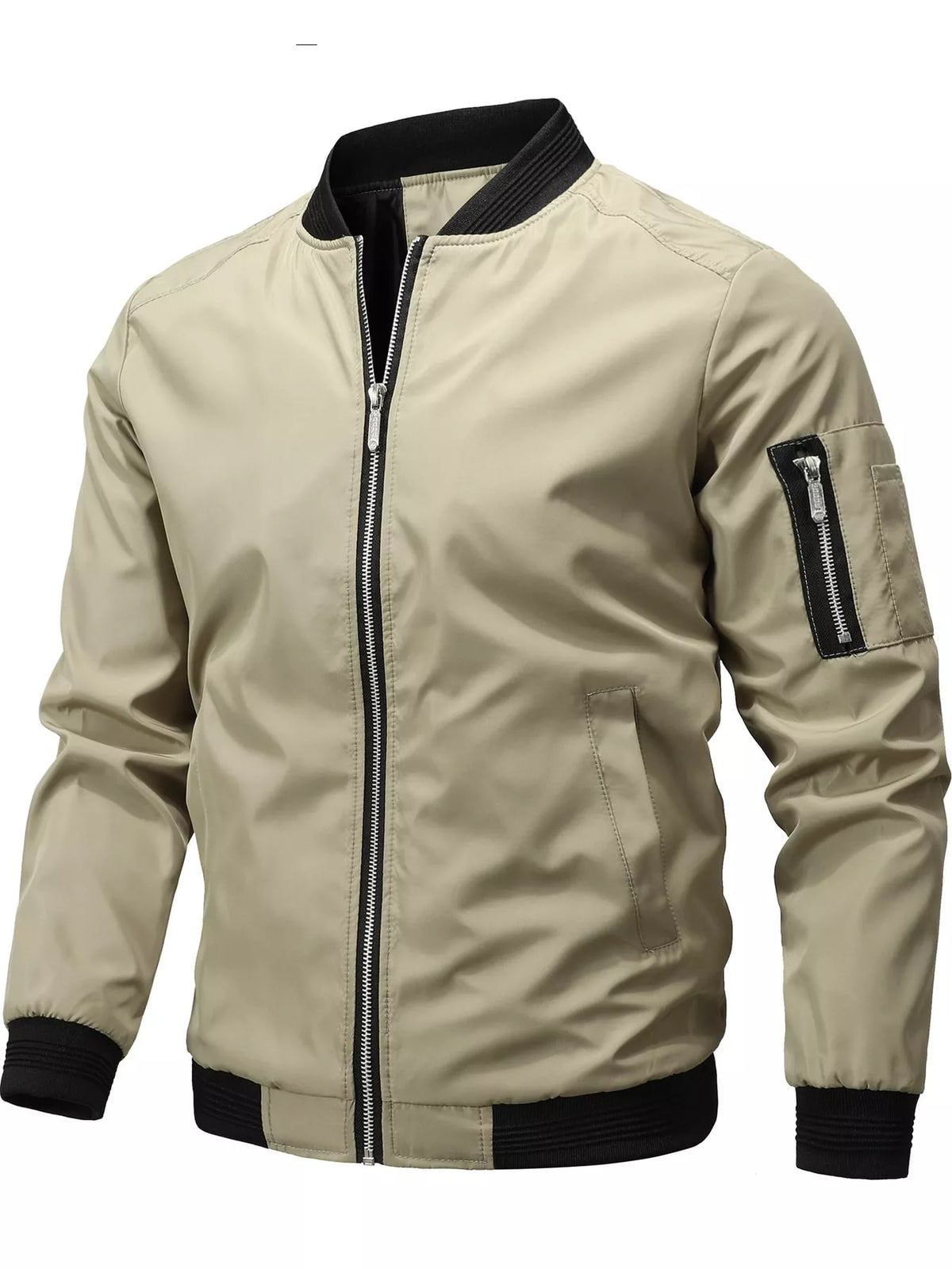 Men's lightweight bomber jacket in off-white/khaki, full-zip front, ribbed collar and cuffs