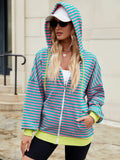 Striped zip-up hoodie with drawstring, teal and pink stripes, lime cuffs, front zipper