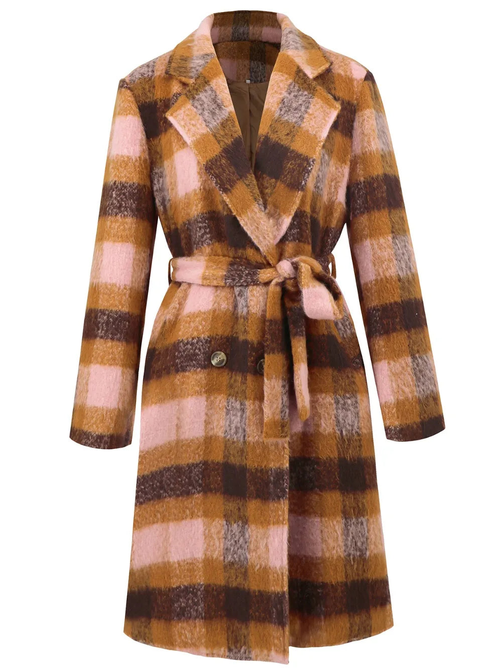 Front view plaid collared coat with tie belt and button closure, brown and pink checks
