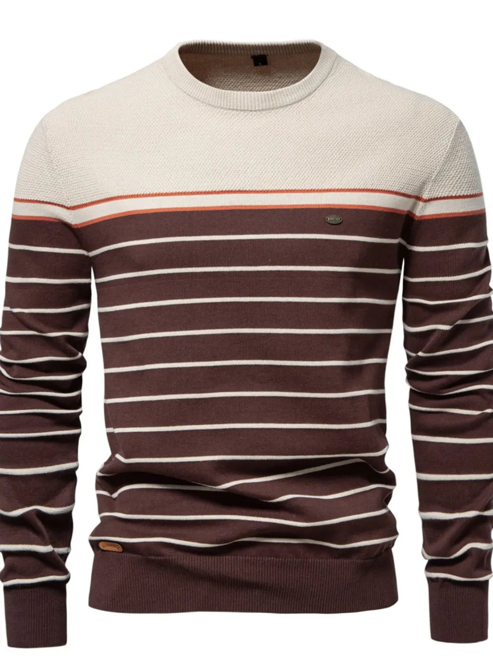 Men's beige striped round-neck long-sleeve sweater with brown and rust stripes