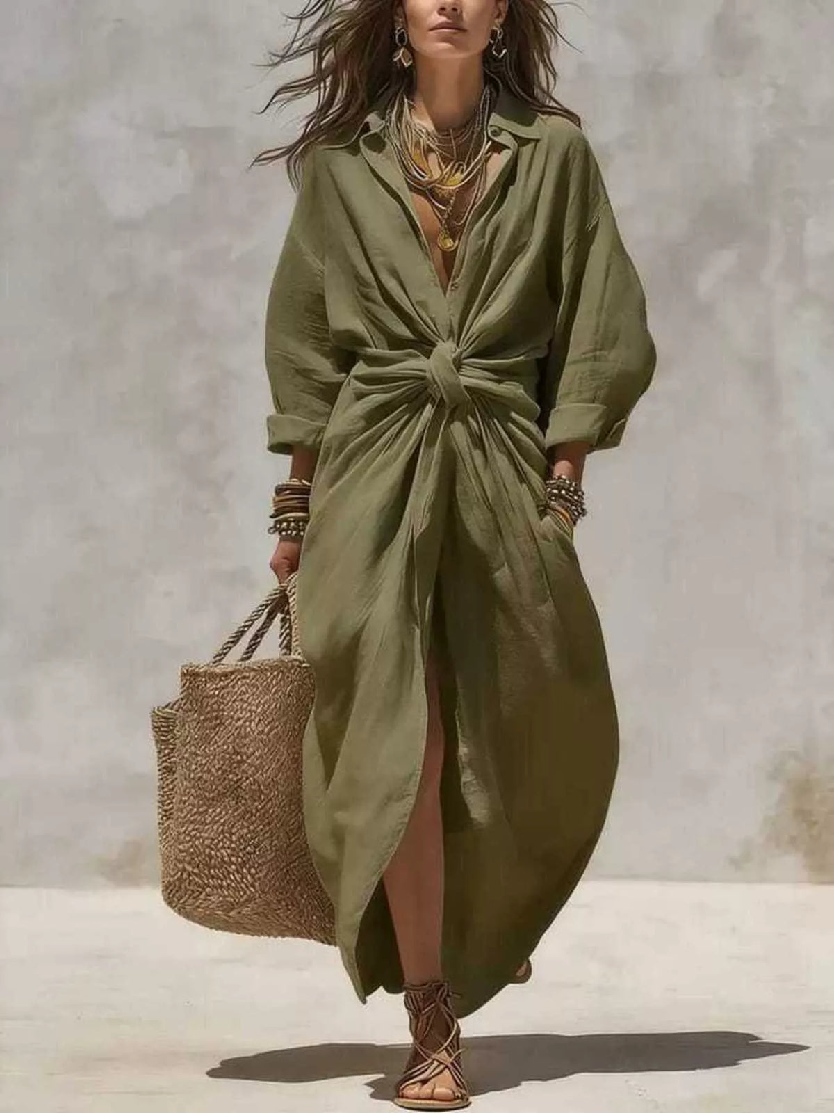 Army green maxi shirt dress with V-neck, front tie knot, long sleeves, side pockets