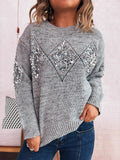 Gray oversized sweater with sequined diamond pattern and crew neckline