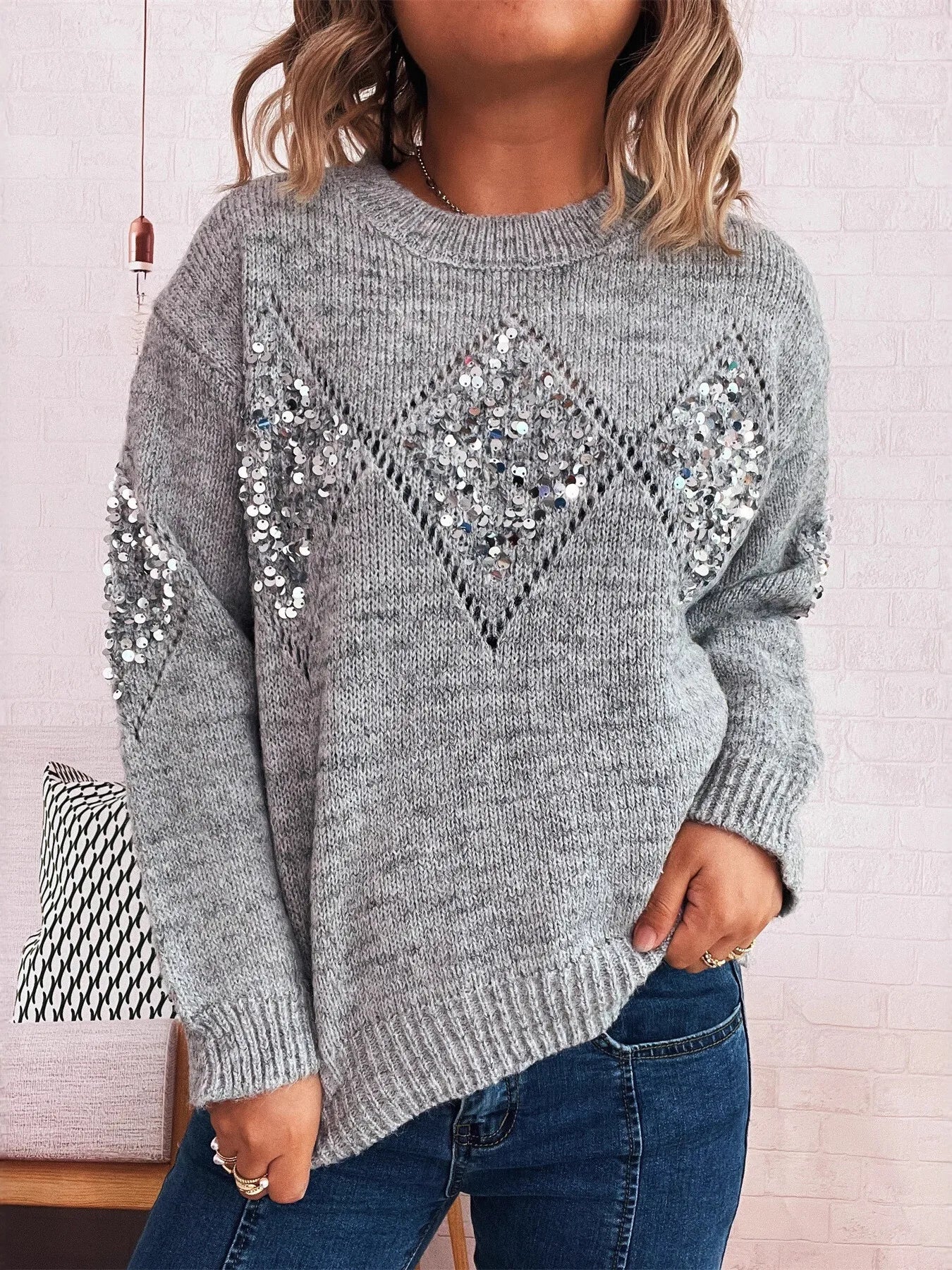 Gray oversized sweater with sequined diamond pattern and crew neckline
