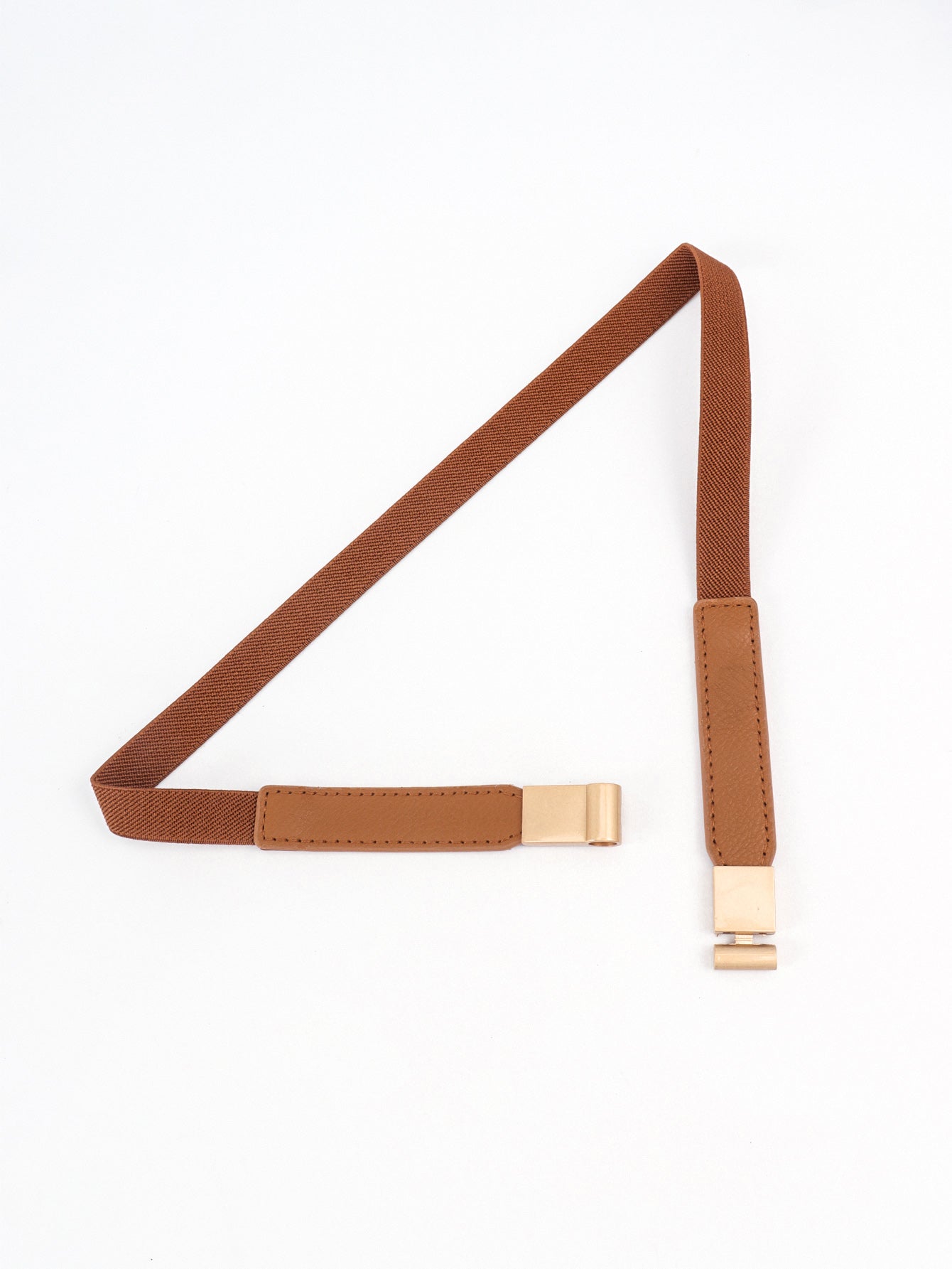 Caramel brown elastic skinny belt with adjustable end and gold-tone buckle