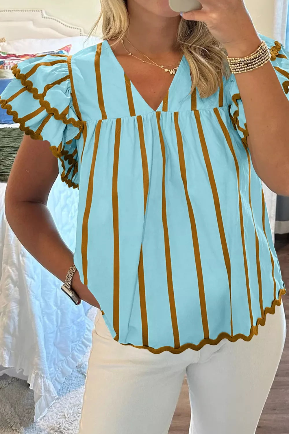 Cedar & Moore Stripe Ricrac Trim Double Ruffled Short Sleeve V-Neck Blouse in aqua blue with brown vertical stripes