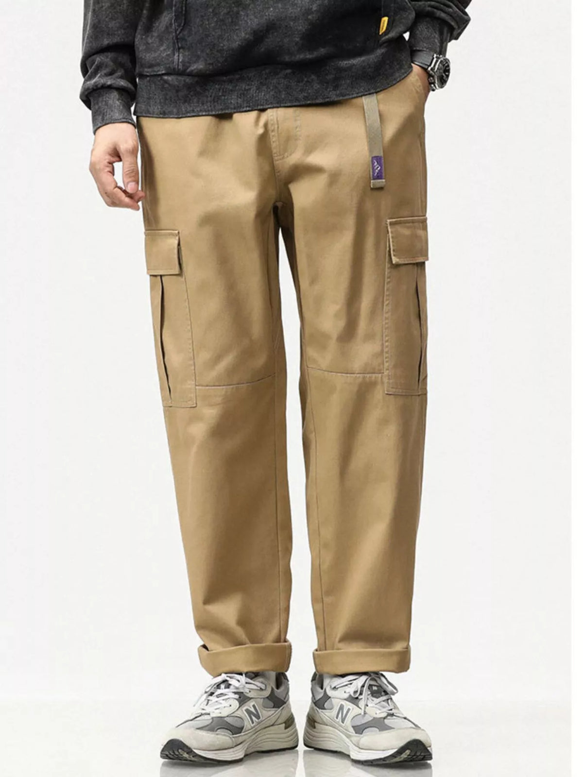 Men's cargo pants in khaki with elastic waist and side cargo flap pockets