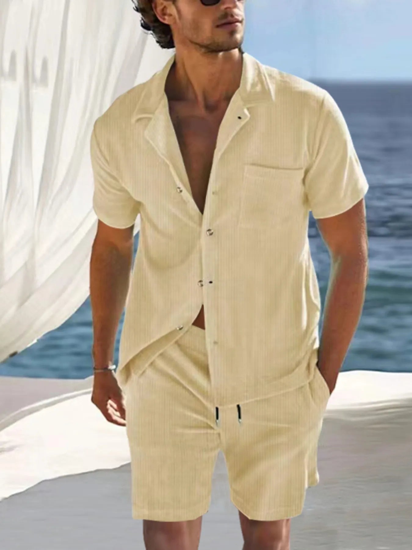 Men's tan short-sleeve button-front shirt and shorts set with pockets