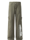 Men's printed cargo pants in military green, graphic side panels, button fly