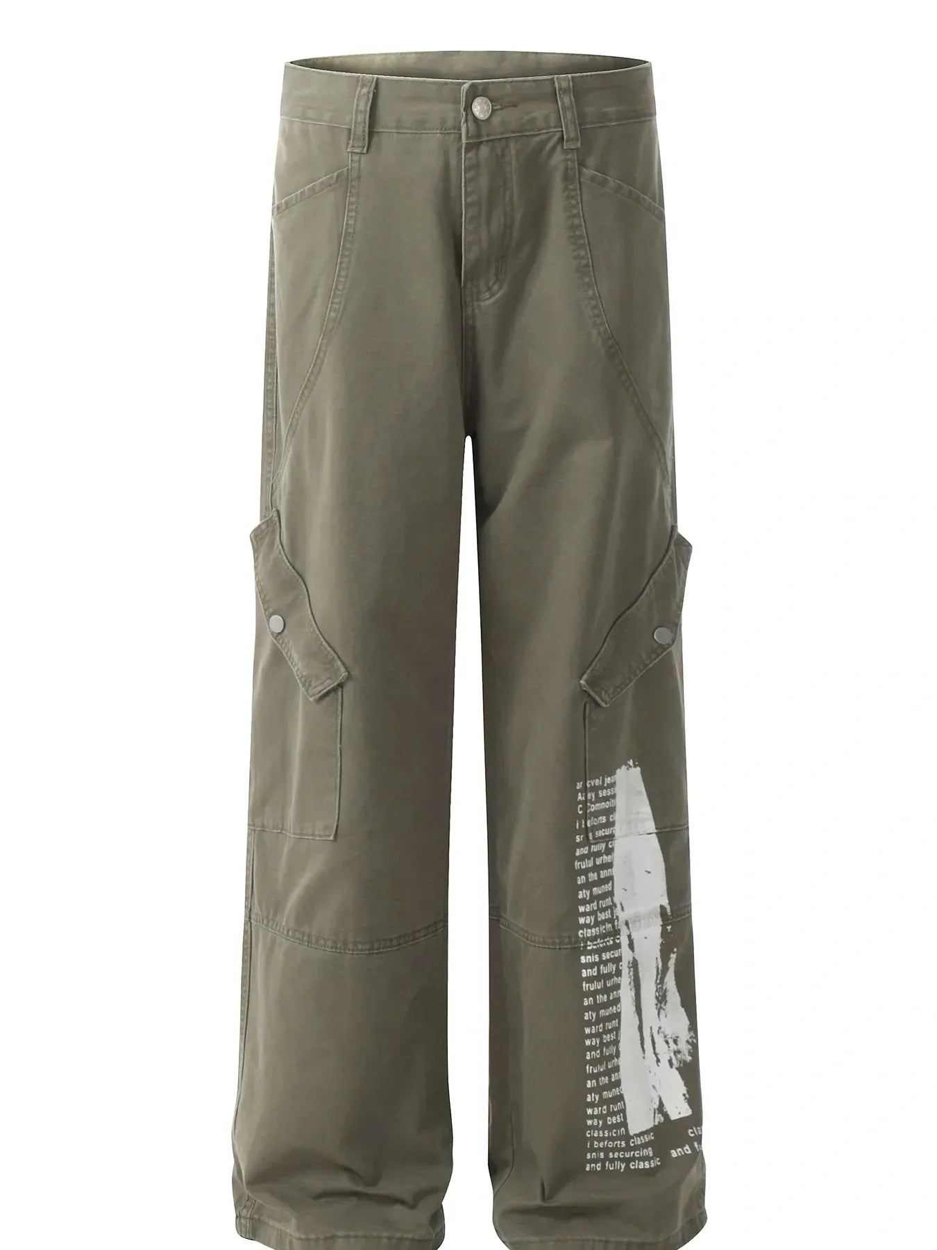Men's printed cargo pants in military green, graphic side panels, button fly