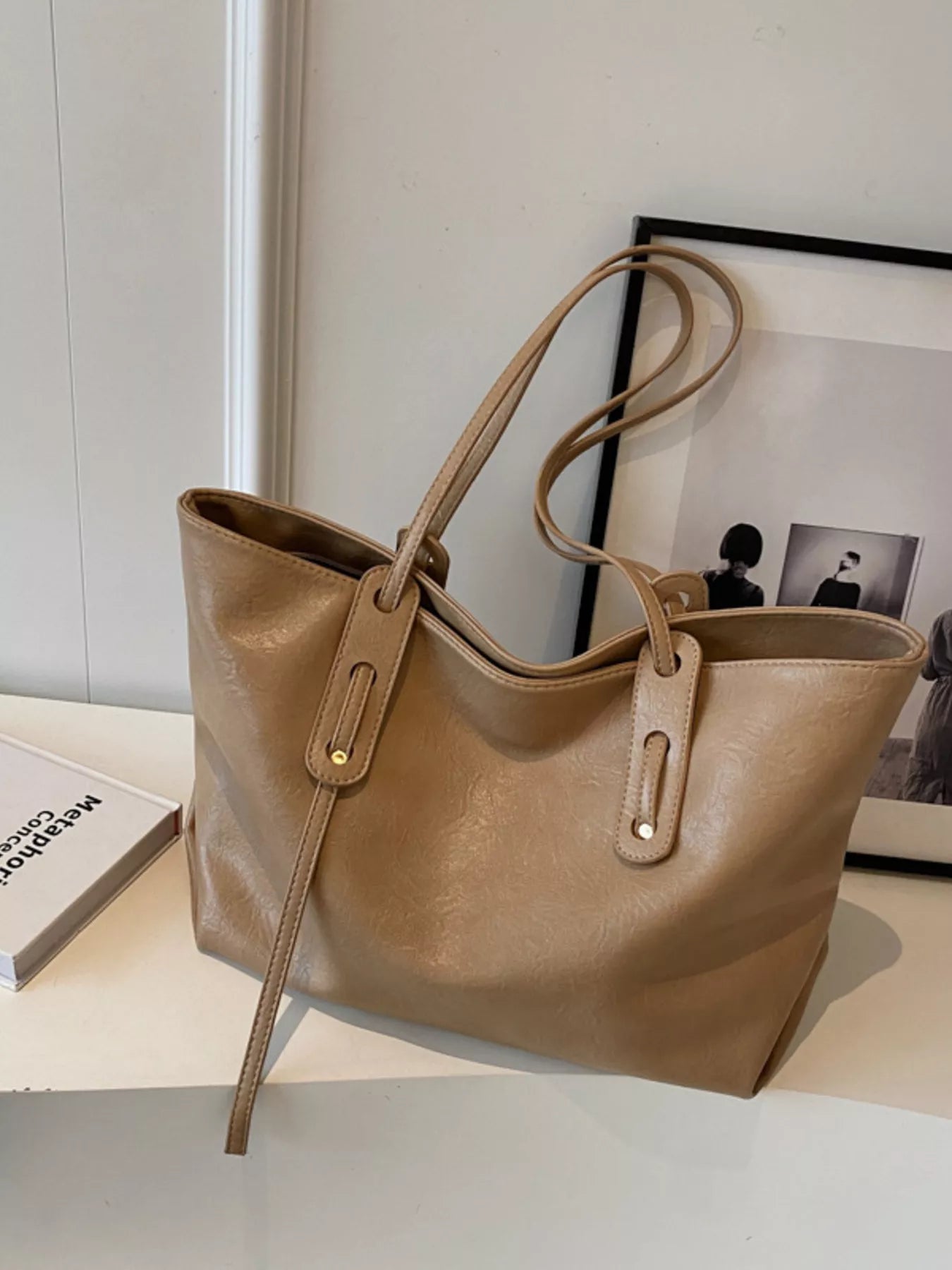 PU Leather Shoulder Bag, large taupe tote with twin top handles