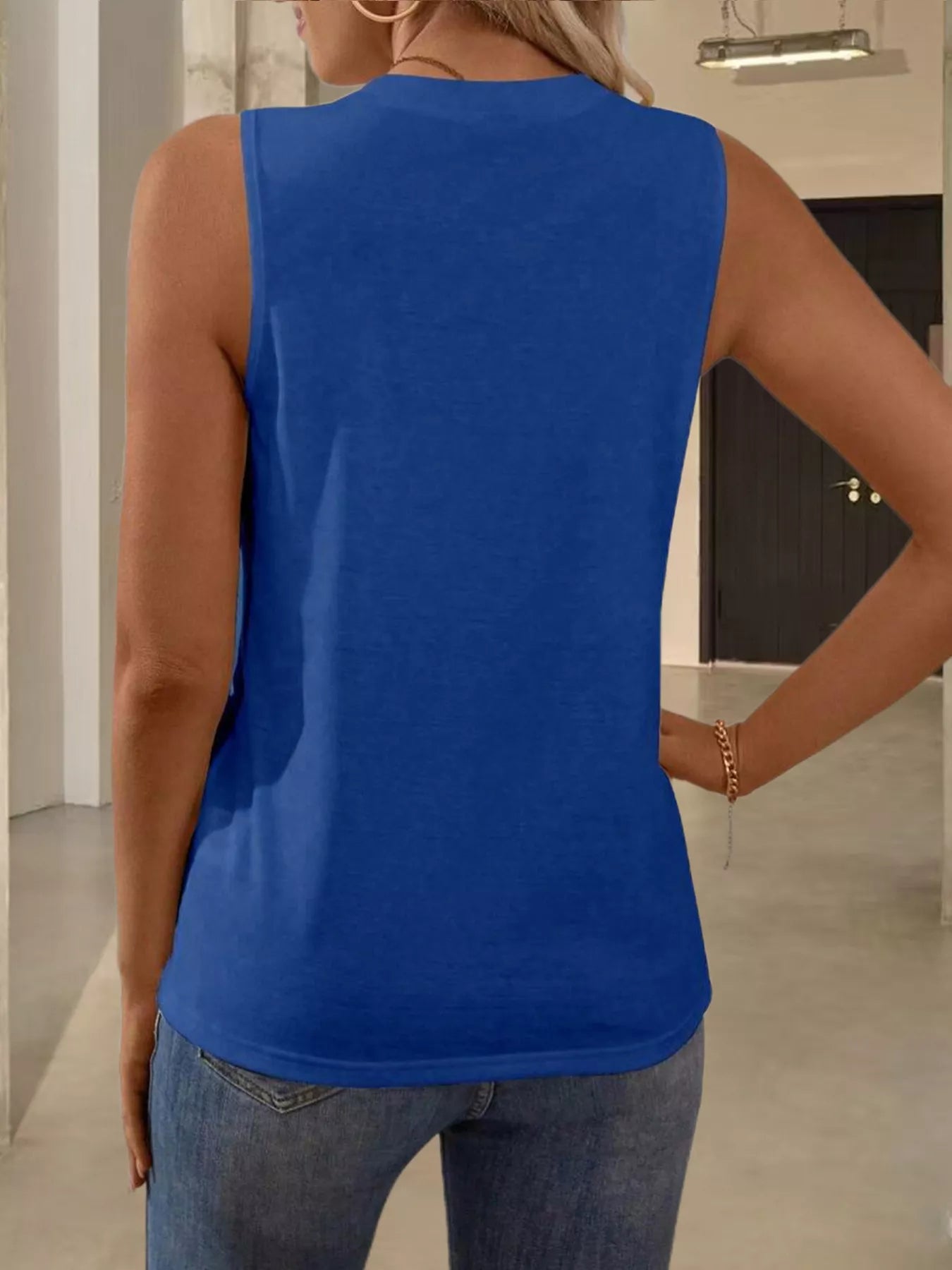 Cedar & Moore Round Neck Tank Top in royal blue; sleeveless casual top, back view