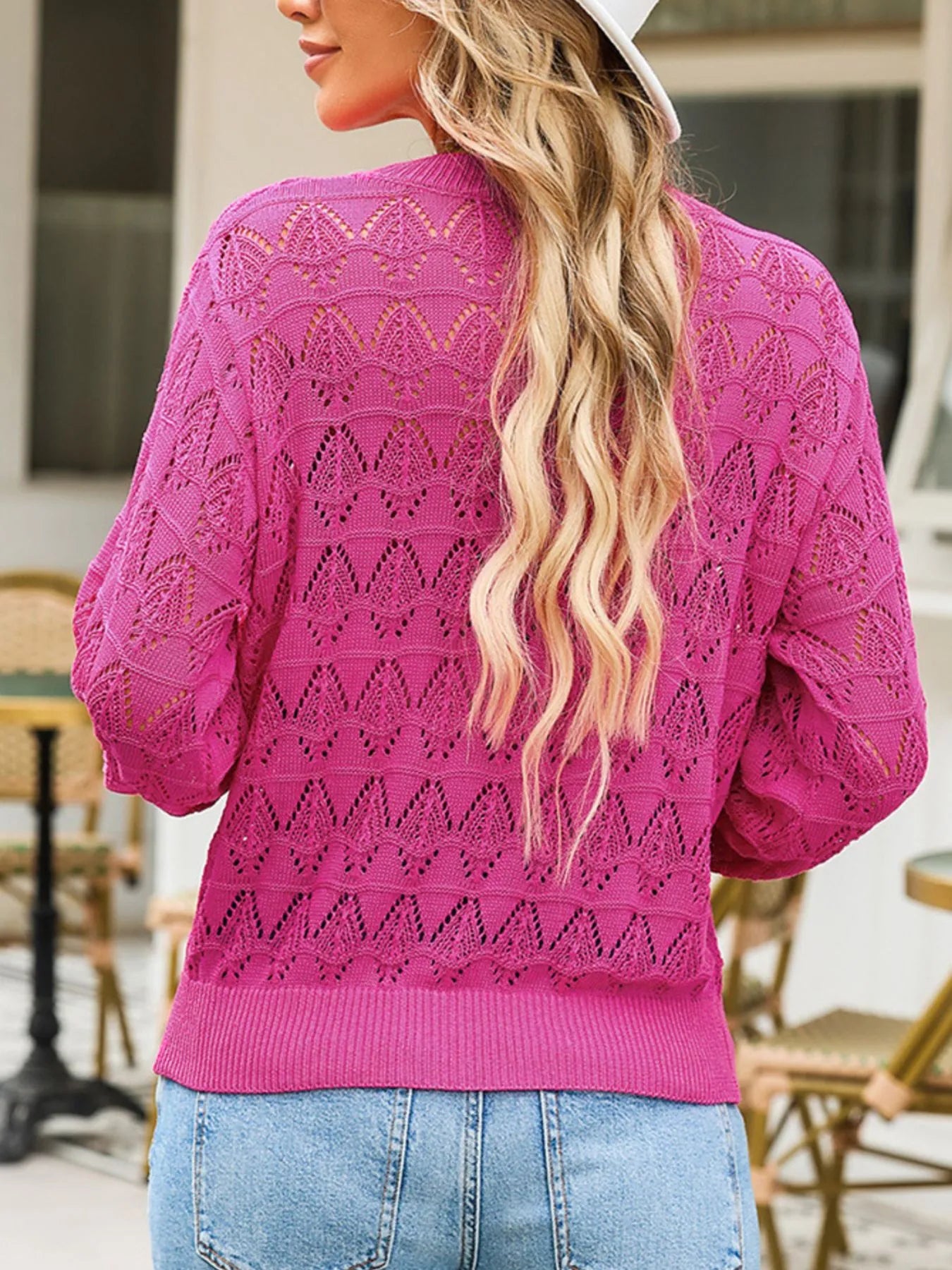 Rose pink openwork cardigan back with long sleeves and diamond lace knit texture