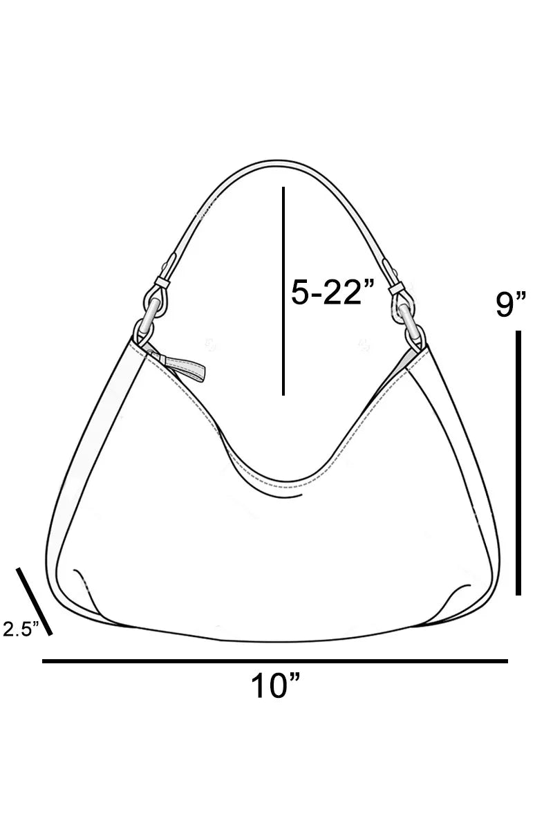 Fame Leather Accent Suede Crescent Shoulder Bag, white schematic with 10-in width, 9-in height, and 5-22-in strap