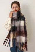 Plaid fringe scarf in gray and brown grid with dark border