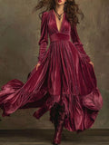 Cerise long-sleeve dress with deep V neck and ruffled tiered hem