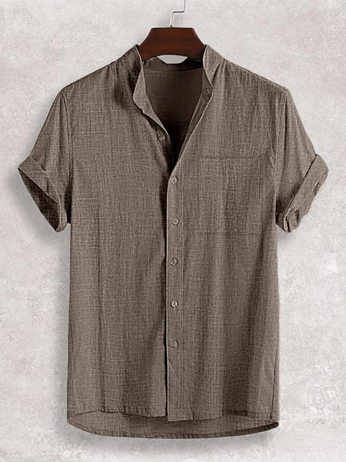 Men's short-sleeve button-up cotton shirt in taupe-gray