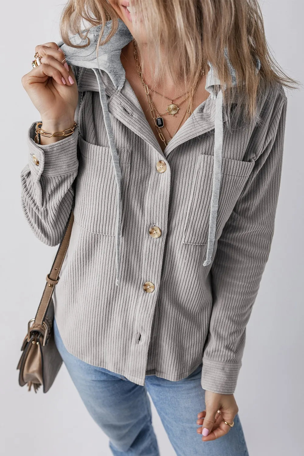 Light gray ribbed button-up hooded jacket with drawstring, long sleeves