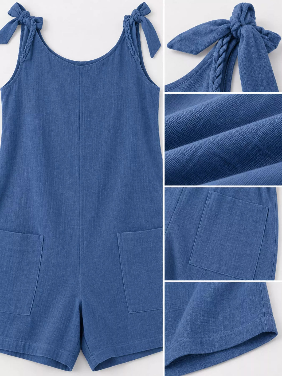 Sky blue romper close-up: tie bow straps, scoop neckline, front pockets