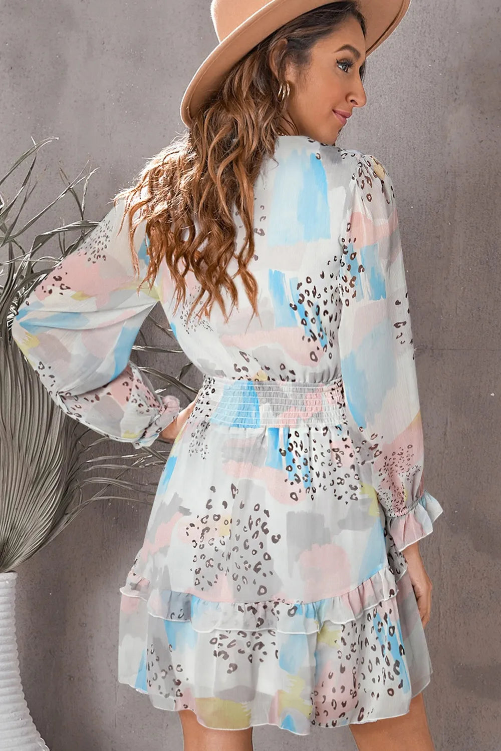 Printed Flounce Sleeve Mini Dress in pastel abstract print with shirred waist