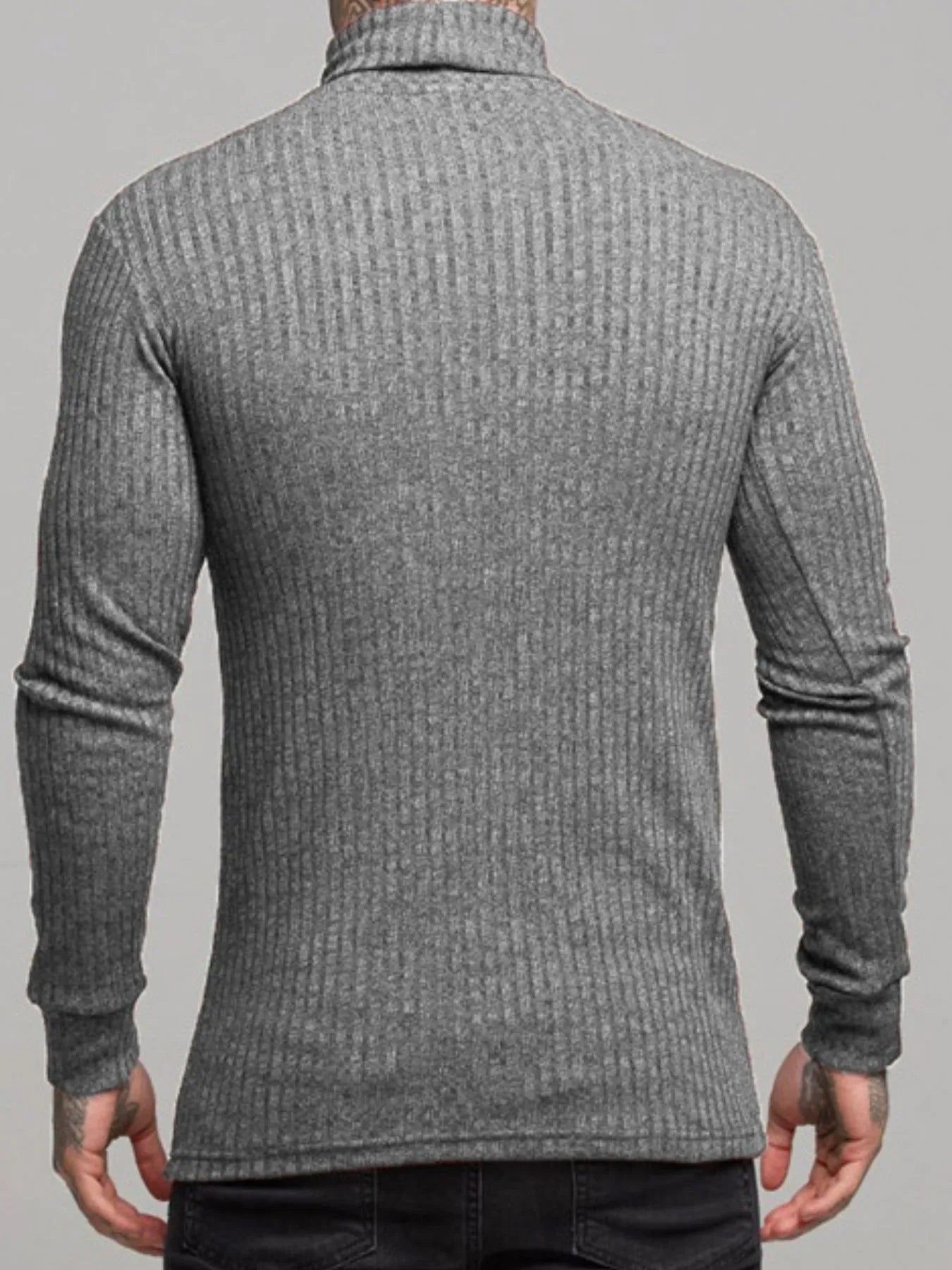 Ribbed turtleneck sweater in dark gray, back view, long sleeves, textured knit