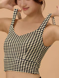 Houndstooth active bra with scoop neckline and sleeveless wide straps, black-and-white