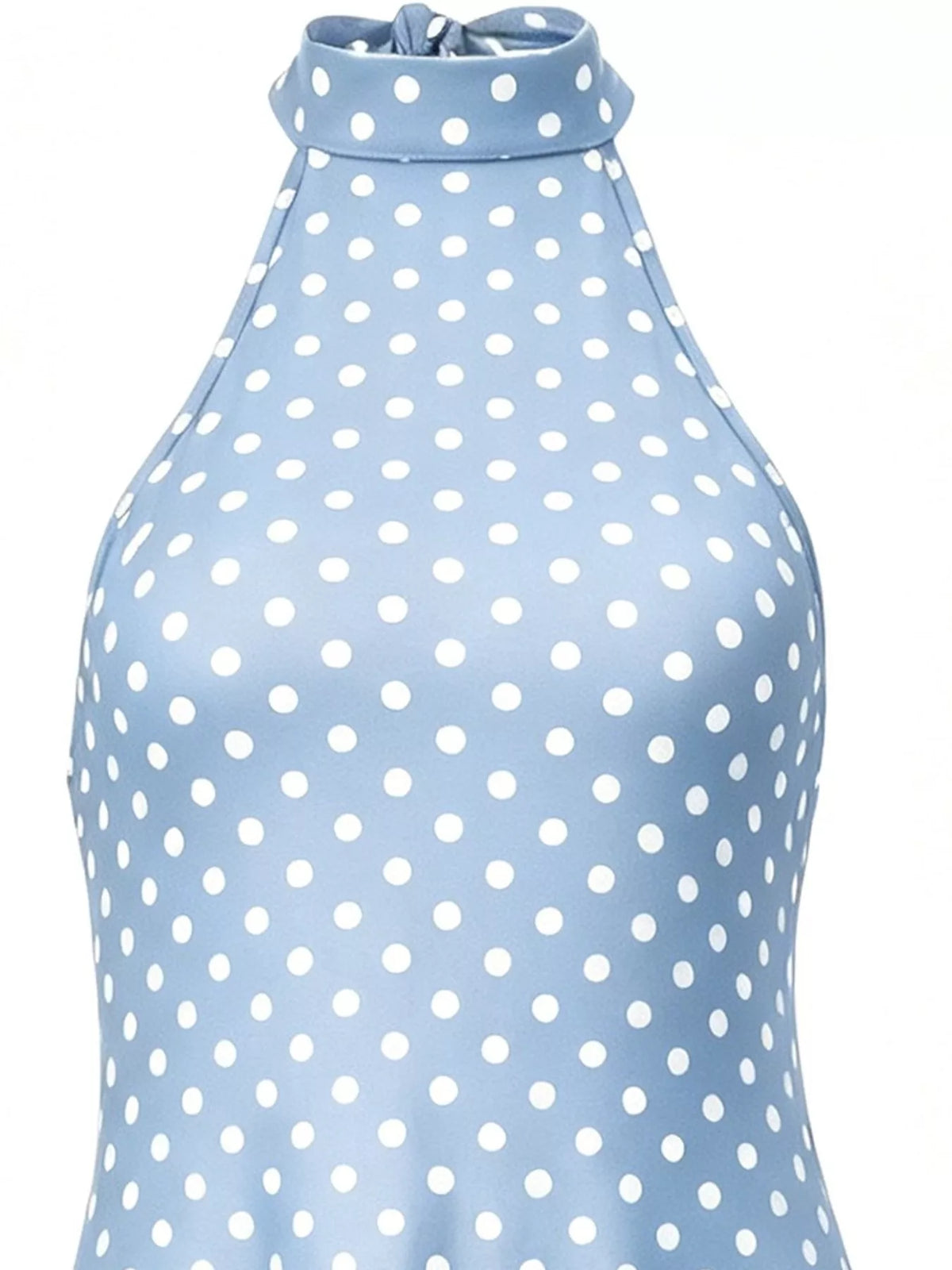 Blue polka dot bodycon mini dress with high neckline and backless cutout