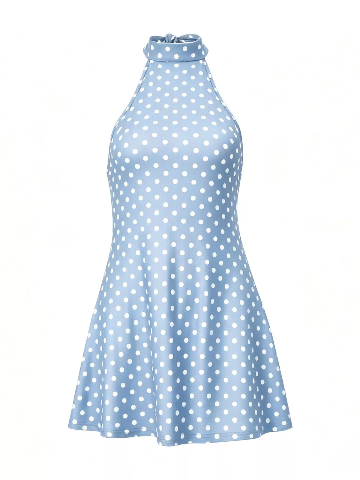 Light blue polka-dot halter mini dress with high neck and A-line hem