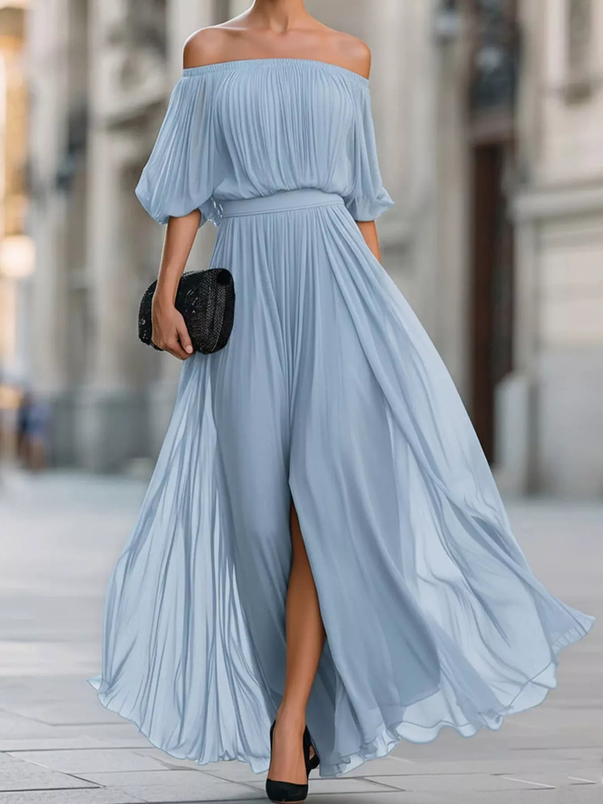 Sky blue off-shoulder ruched chiffon maxi dress with billowy sleeves and tiered skirt