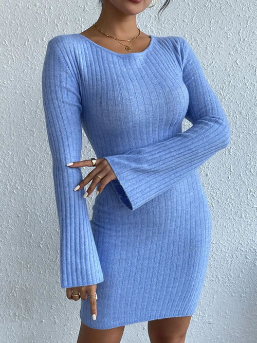 Blue ribbed knit sweater dress with long fitted sleeves and round neckline