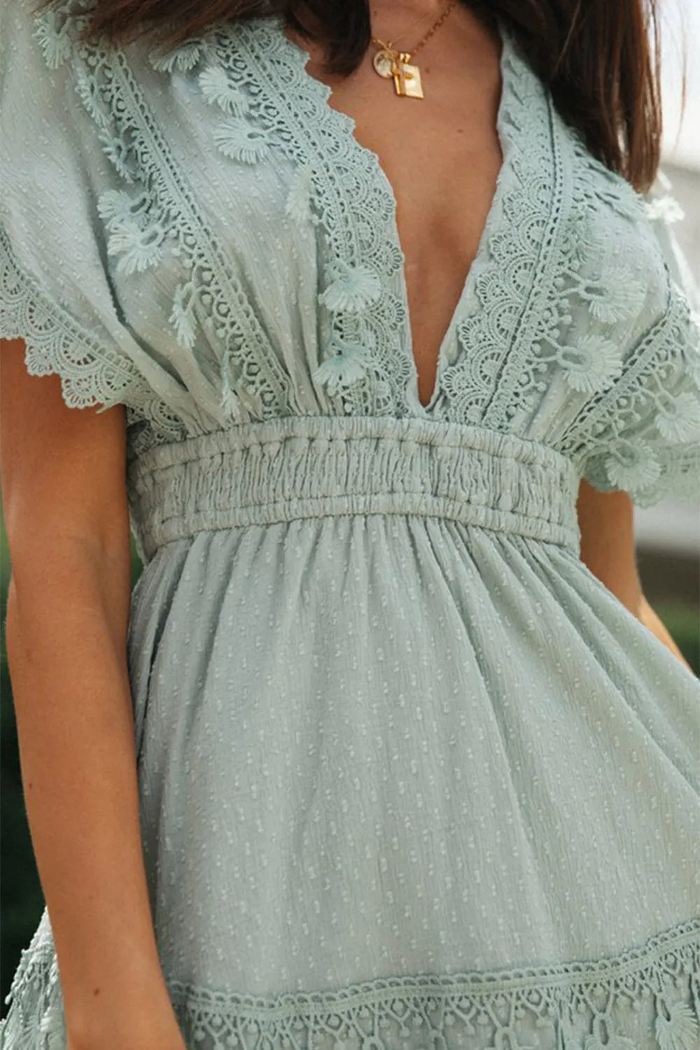 Lace-detail plunging neckline short-sleeve mini dress with smocked waist in seafoam blue