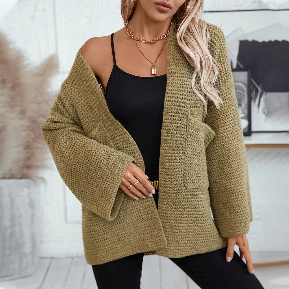 Moss open-front long sleeve cardigan with notch front and textured woven knit