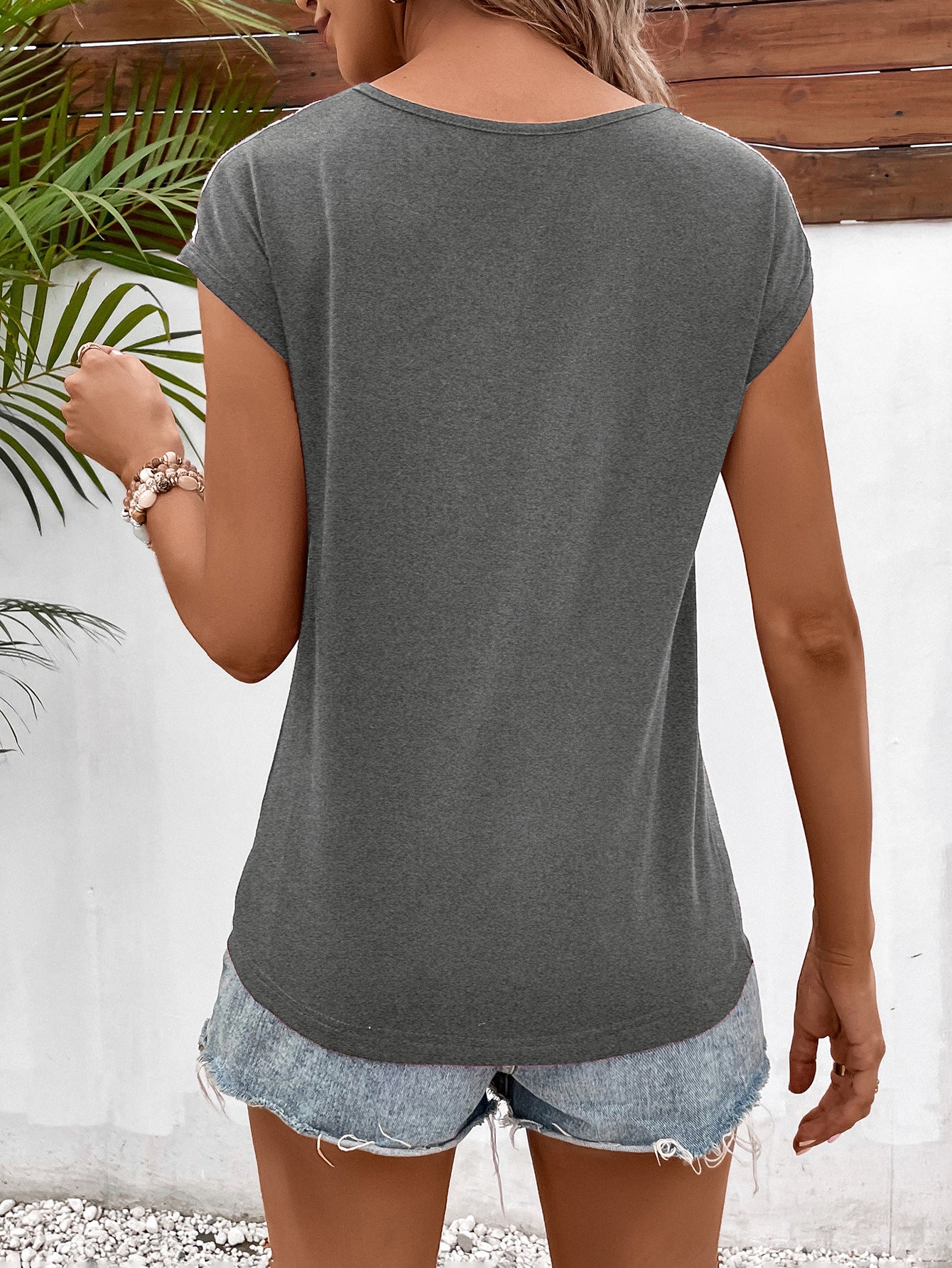 Cedar & Moore gray short-sleeve tee back view with curved hem and casual knit fabric