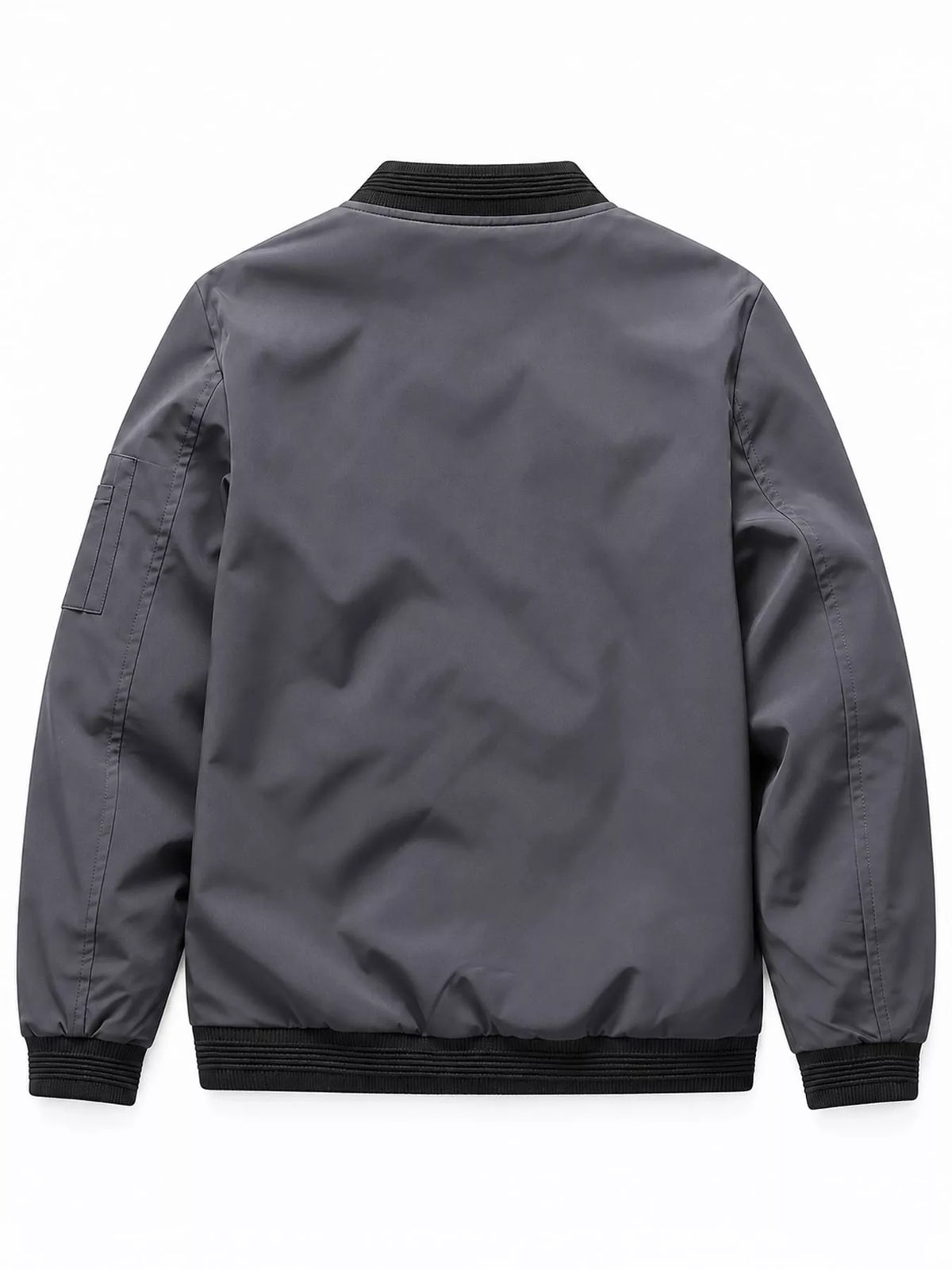 Men's lightweight bomber jacket, dark gray back view with ribbed collar and hem