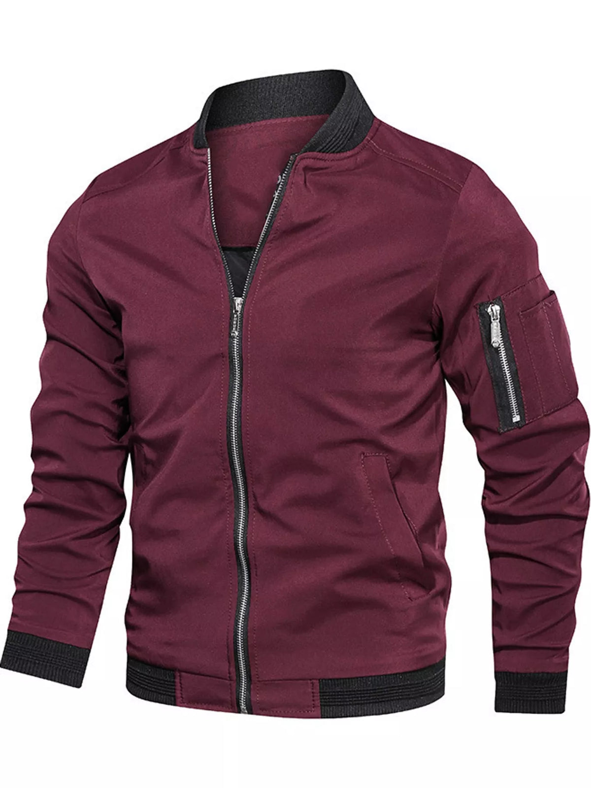 Men's lightweight bomber jacket in burgundy, full-zip front, ribbed collar and cuffs