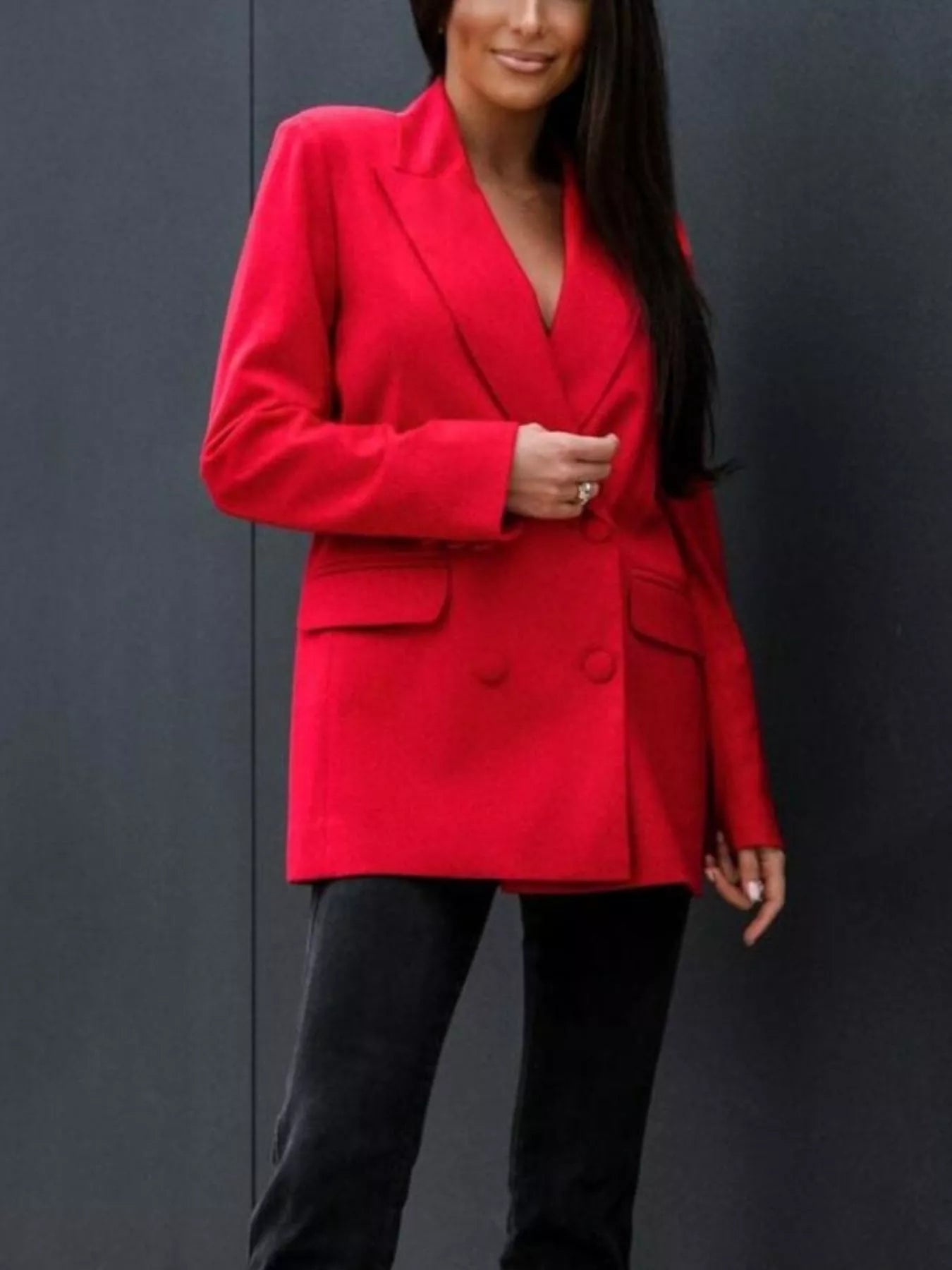 Red long-sleeve blazer with lapel collar, buttoned front, and flap pockets