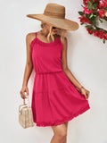 Hot pink frill-trim spaghetti strap mini dress with tiered skirt and gathered waist