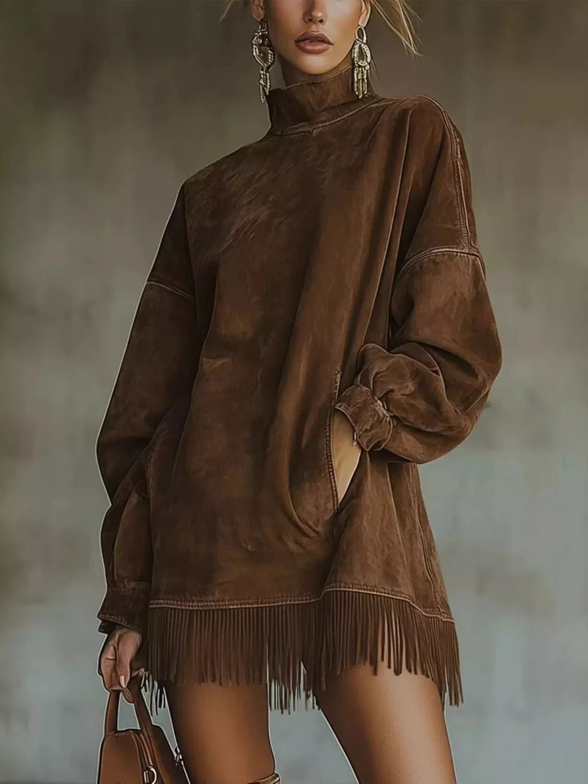 Dark brown mock neck mini dress with long sleeves and fringe trim at hem