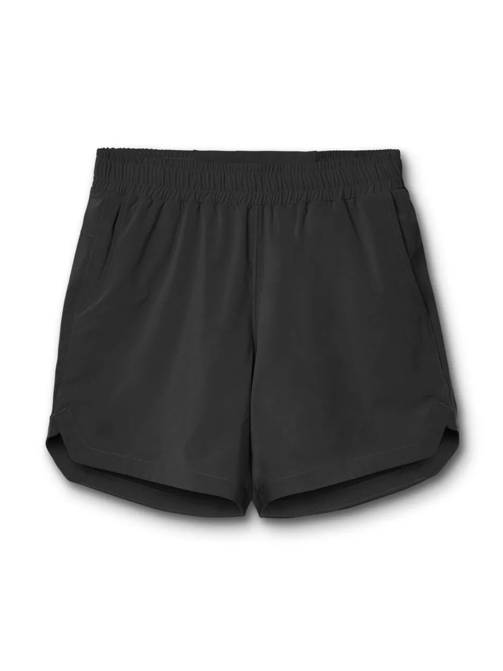 Men's elastic-waist active shorts in black, front view with pleated elastic waistband.