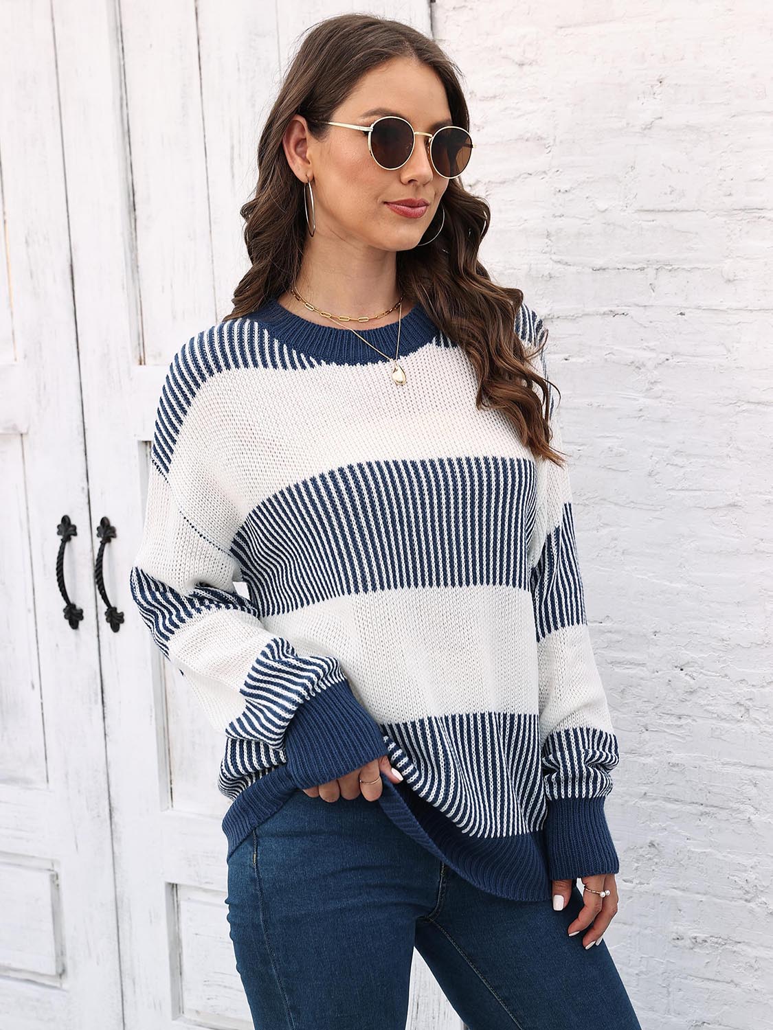 Striped knit sweater with round neck, drop-shoulder long sleeves in navy and white