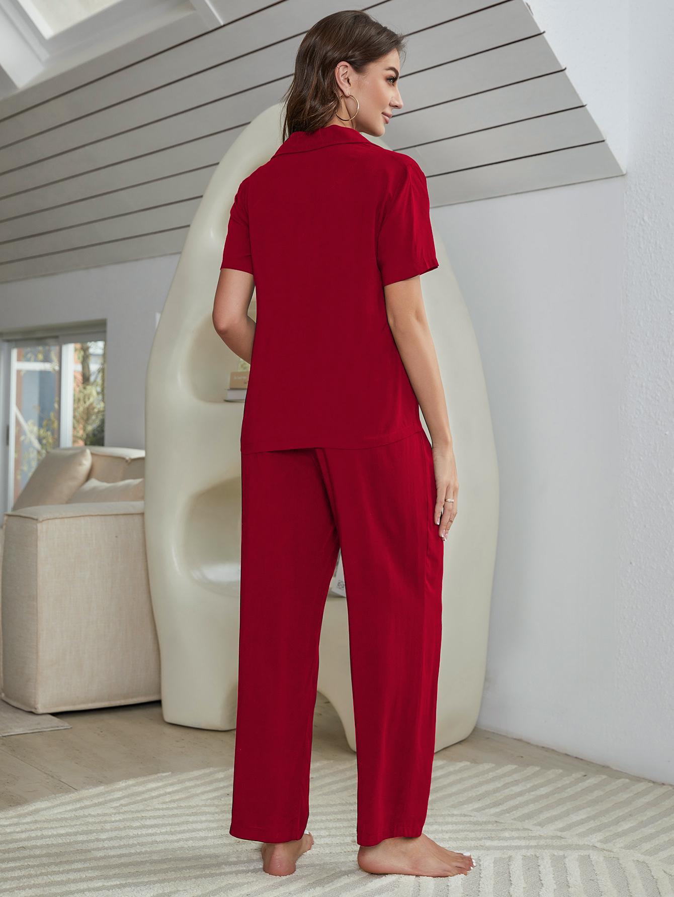 Red back view lounge set with short-sleeve button top and wide-leg pants