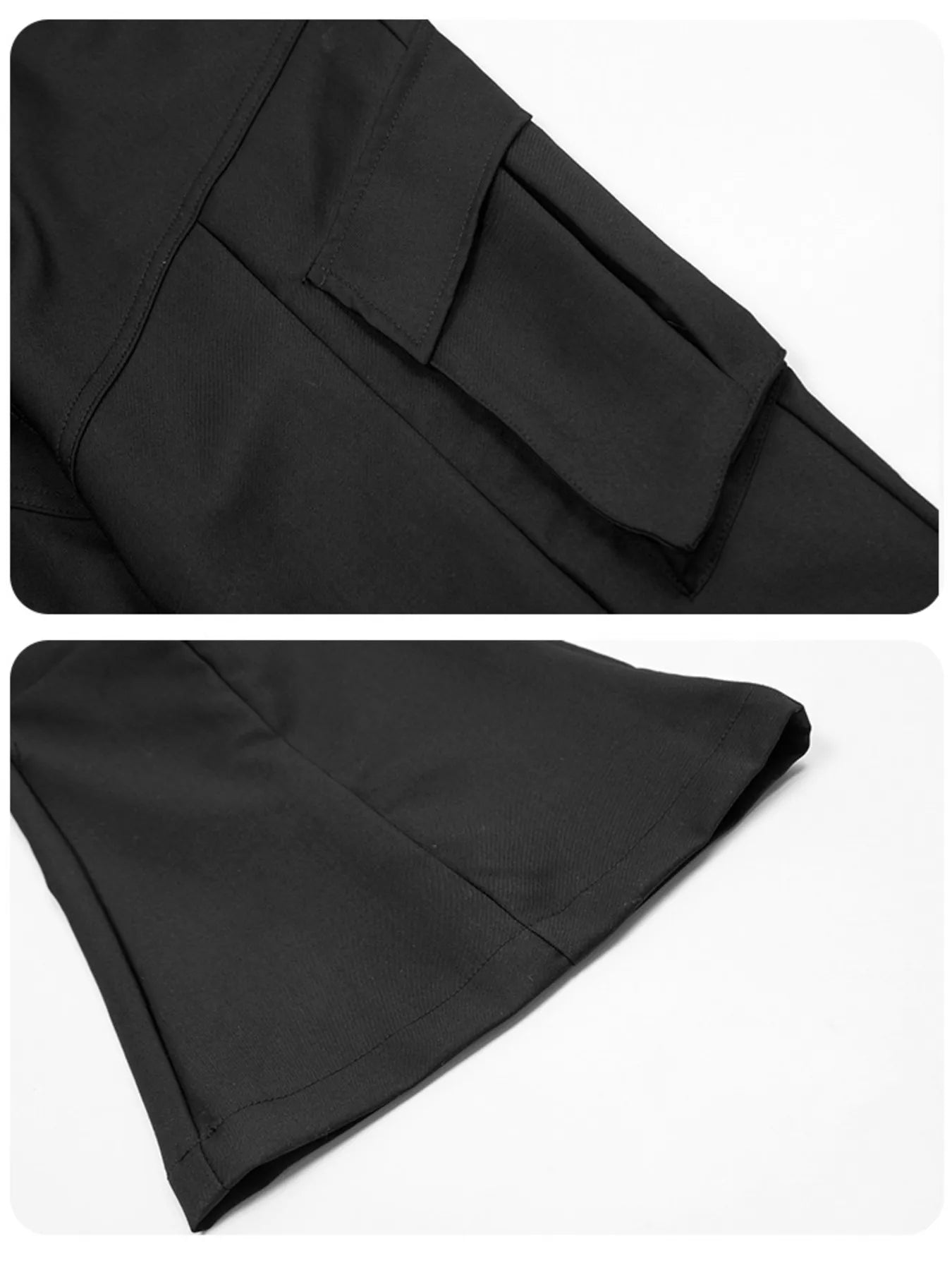 Black cargo pants hem and pocket flap close-ups with stitched panels